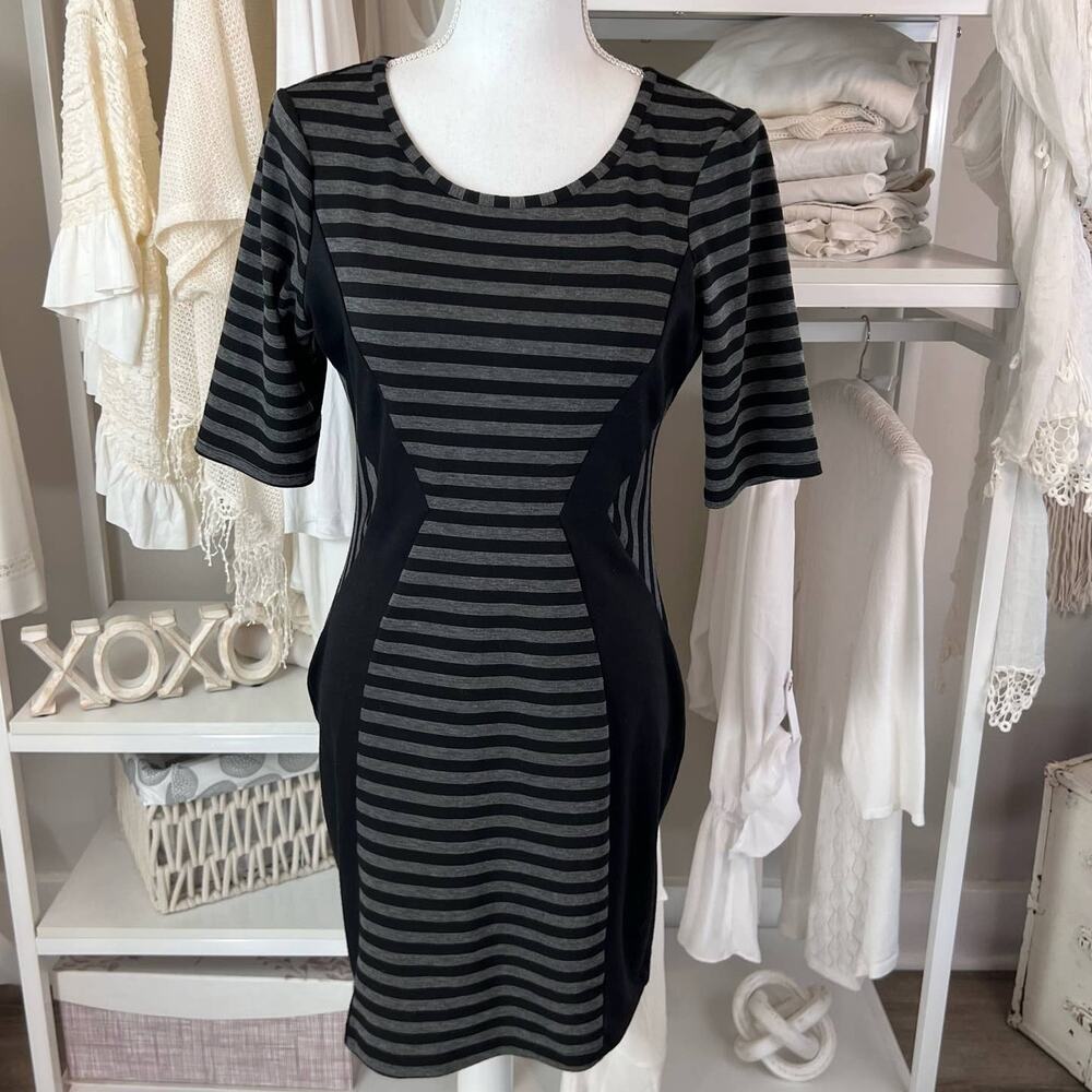 BCX Black and Gray Striped Midi Dress